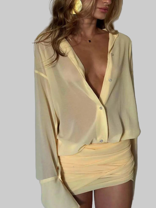 Sheer Button-Down Mini Shirt Dress with Back Tie The Nichole Collection - Official Site