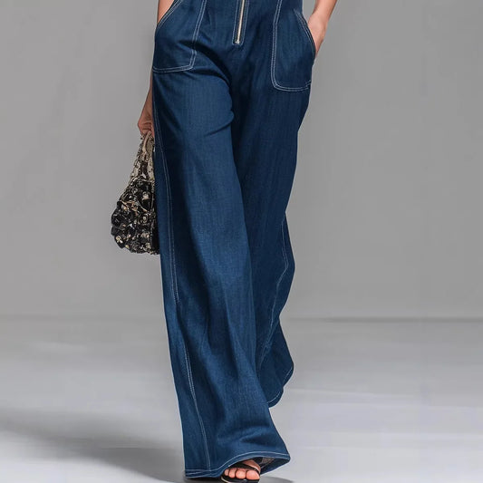 Sleeveless High-Waist Denim Cargo Jumpsuit – Wide Leg Workday Style The Nichole Collection