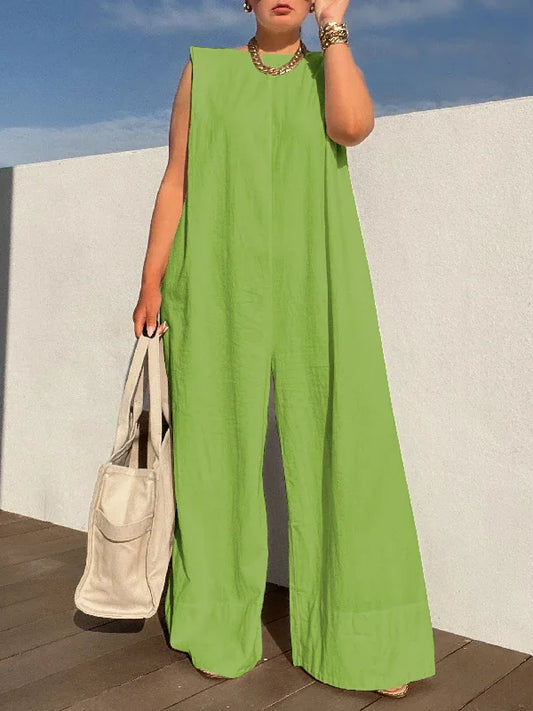 Sleeveless Wide Leg Cotton Jumpsuit – Casual Summer Overalls GREEN / S The Nichole Collection