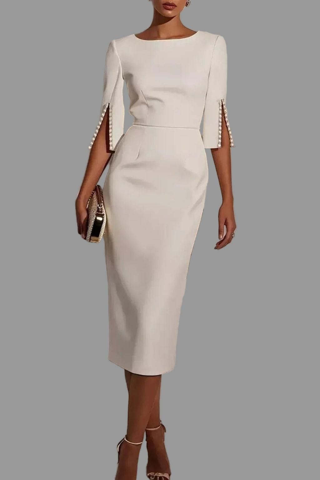 Slim-Fit Elegant Midi Dress with Beaded Slit Sleeve Pink / M