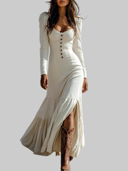 Slit Long Sleeve Tiered Maxi Dress White / S THE NICHOLE COLLECTION - Official Site