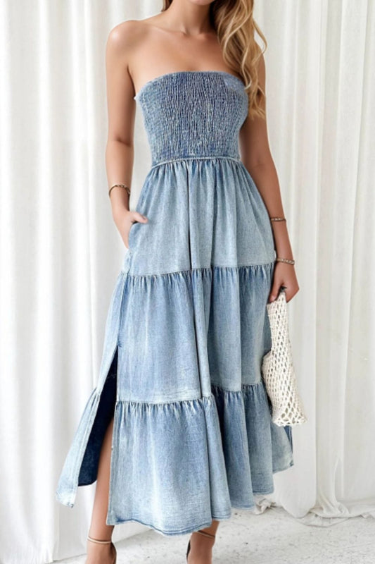 Smocked Tube Slit Tiered Denim Dress Light Blue / S The Nichole Collection