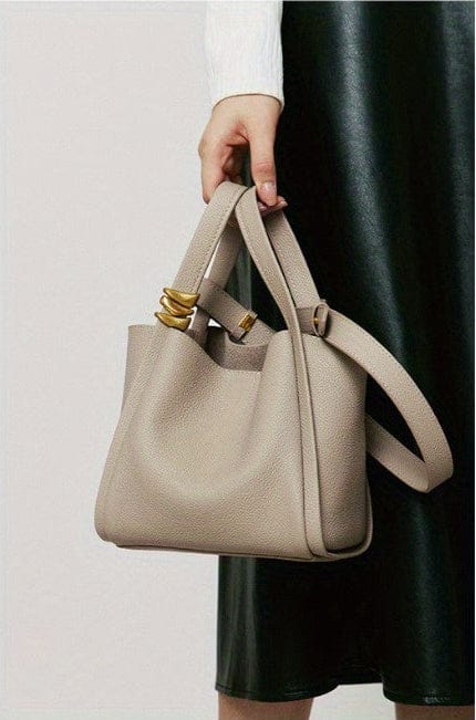 Soft Genuine Leather Hook Bucket Crossbody Tote Milk Tea Color The Nichole Collection - Official Site