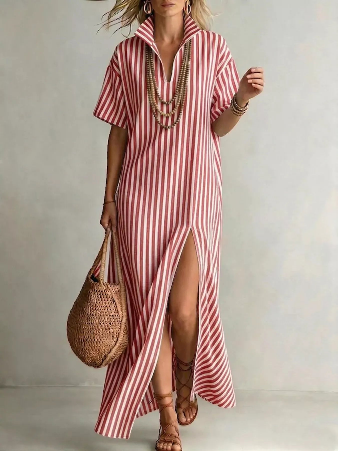 Striped High Slit Maxi Shirt Dress Red / S The Nichole Collection - Official Site