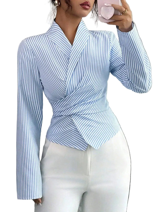 Striped Long Sleeve Wrap Blouse | The Nichole Collection