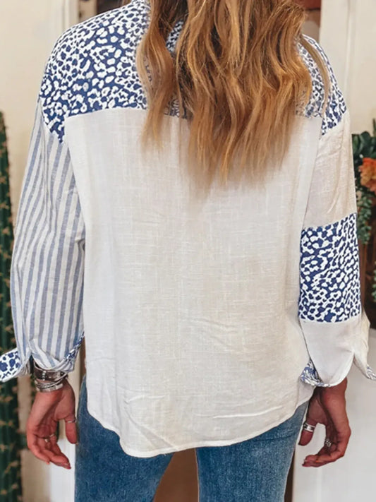 Striped Patchwork Button Down Shirt with Leopard Print Details | The Nichole Collection