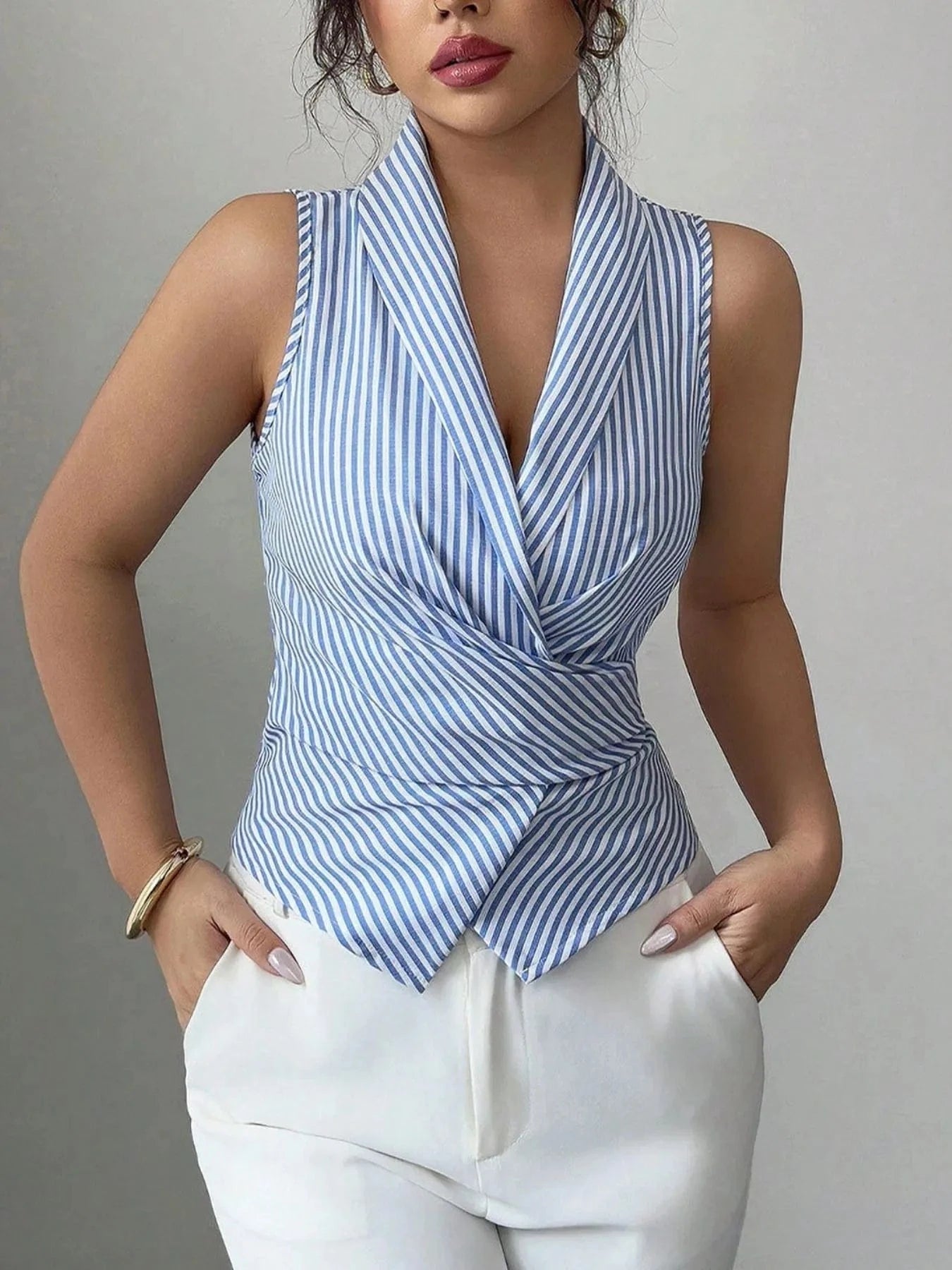 Striped Sleeveless Wrap Blouse Light Blue / S The Nichole Collection