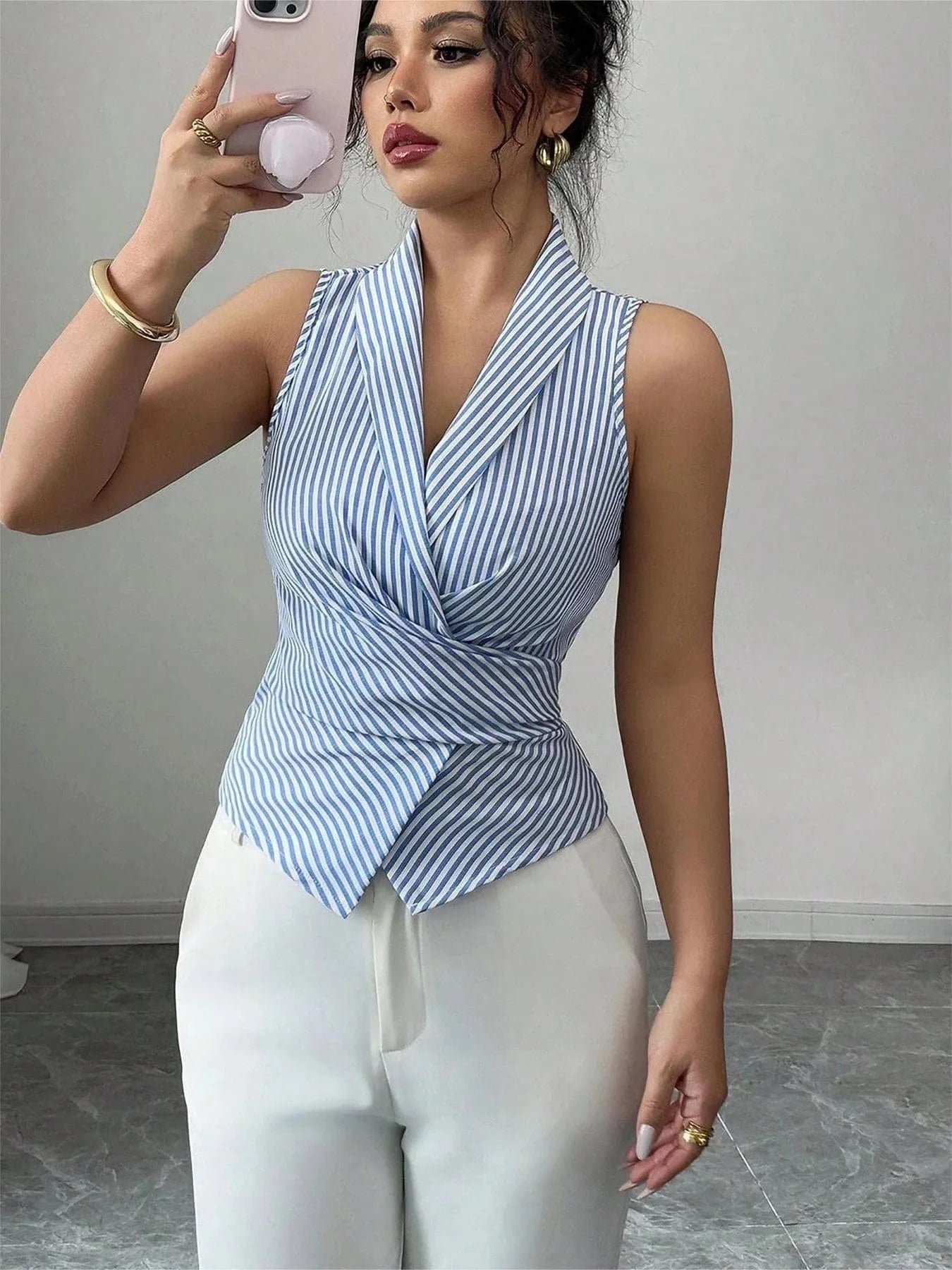 Striped Sleeveless Wrap Blouse The Nichole Collection