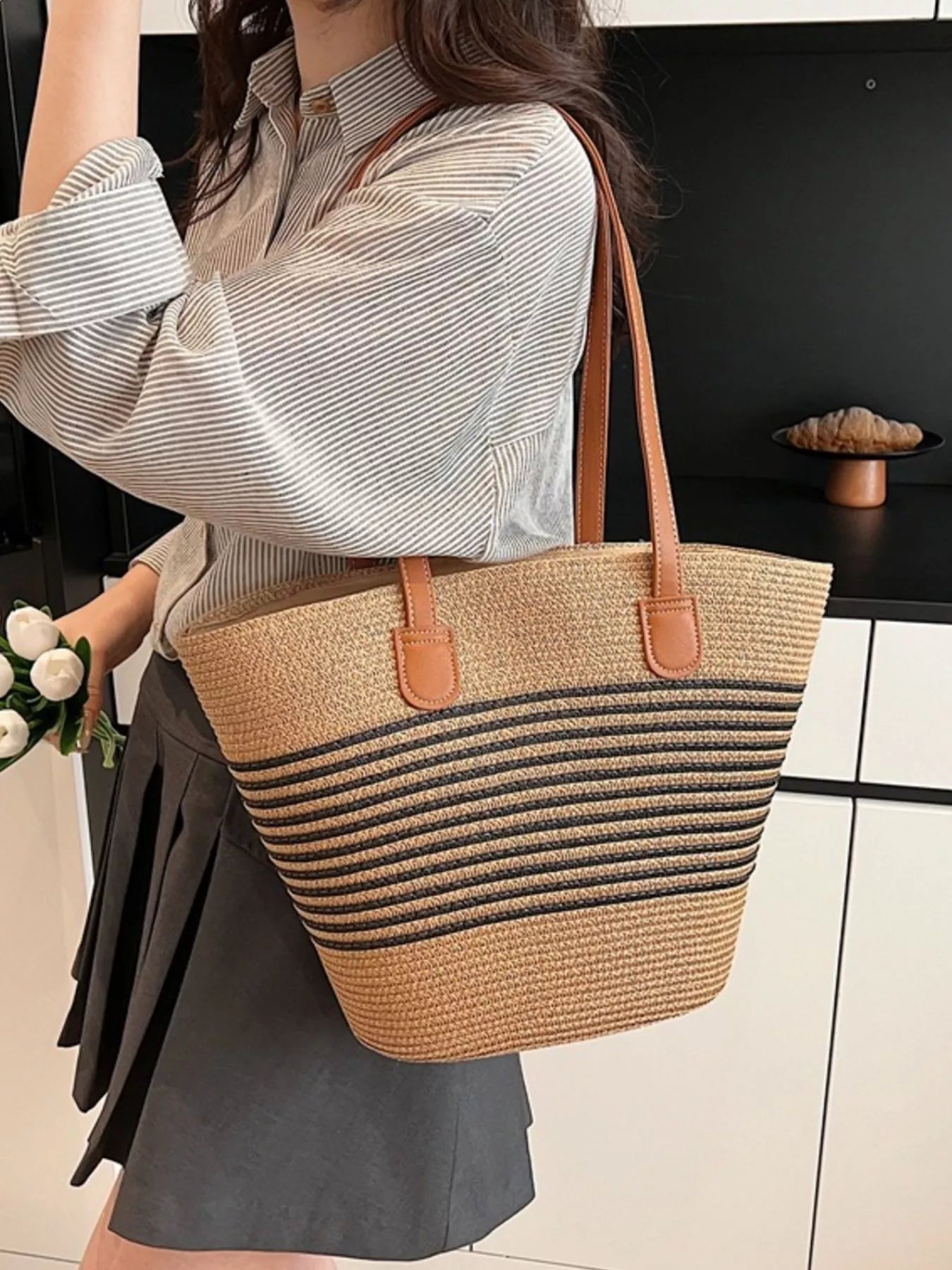Striped Woven Straw Shoulder Bag Black / One Size The Nichole Collection - Official Site