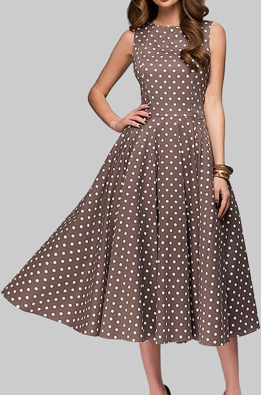 Stylish Polka Dots Sleeveless High Waist Dress - Coffee / S