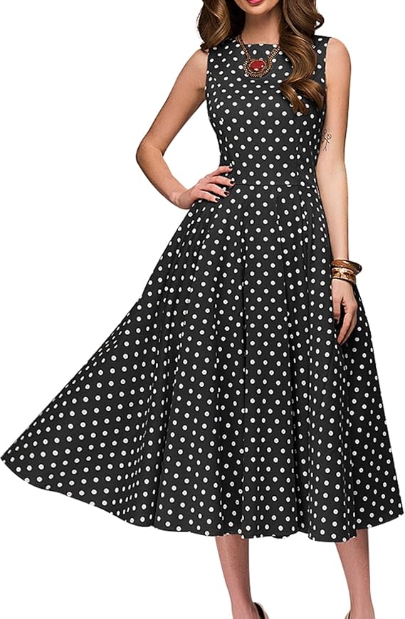 Stylish Polka Dots Sleeveless High Waist Dress - Coffee / S
