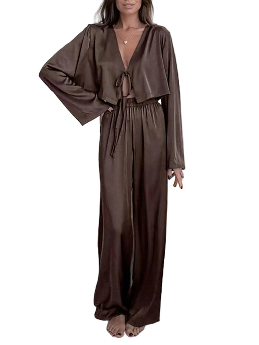 Tie-Front Crop Top and Pants Set Two Piece Pants Sets Coffee Brown / S The Nichole Collection