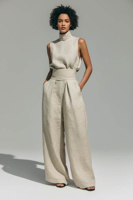 Turtleneck Sleeveless Top and Pants Set Ivory / S The Nichole Collection