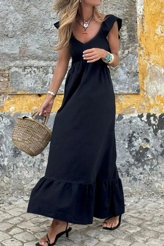 V Neck Ruffled Cap Sleeve Smocked Maxi Dress Dresses The Nichole Collection - Official Site