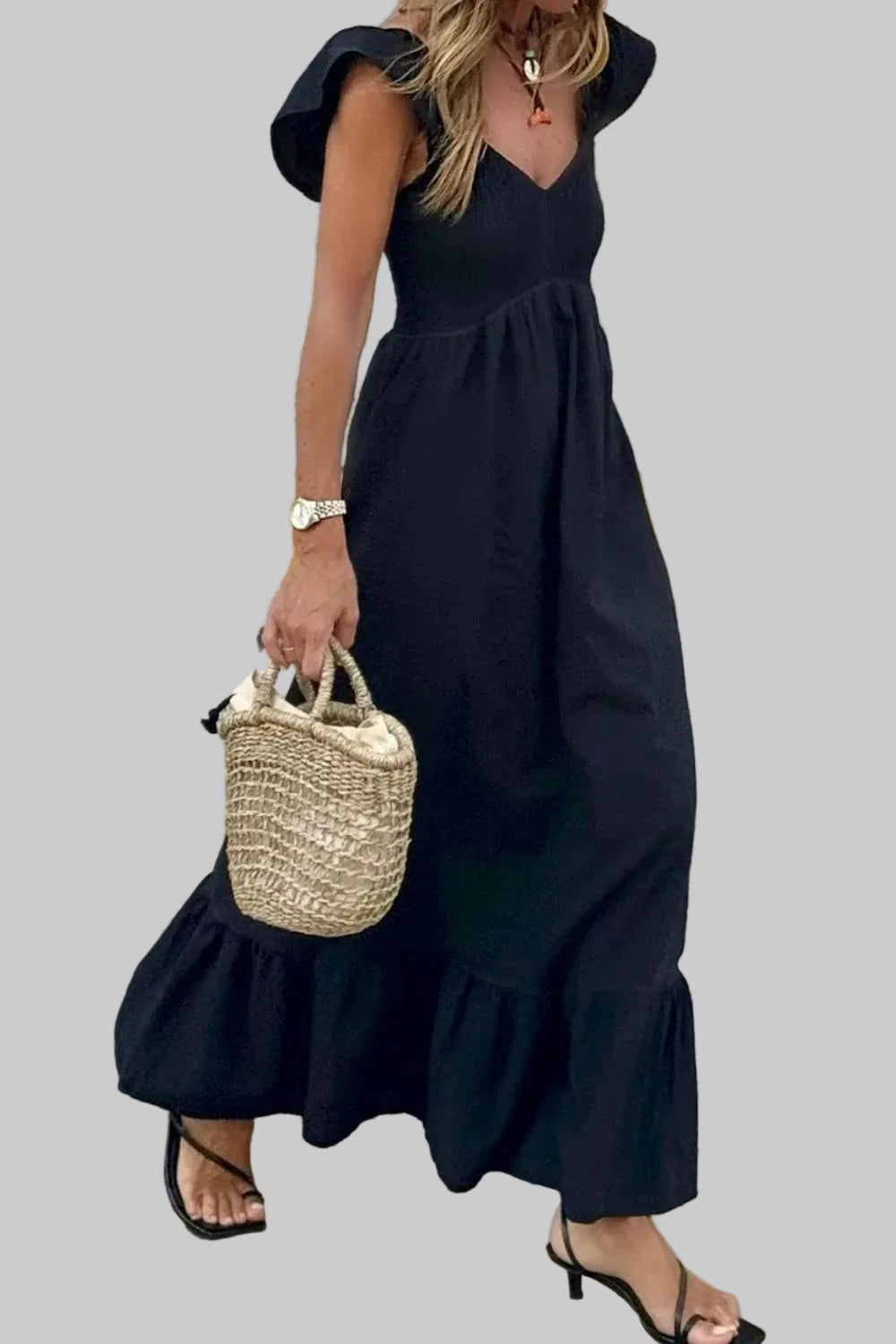 V Neck Ruffled Cap Sleeve Smocked Maxi Dress Black / S V Neck Ruffled Cap Sleeve Smocked Maxi Dress Black / S
