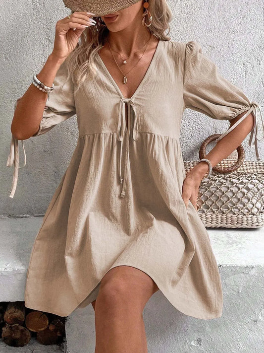 Cotton V-Neck Tie-Front Mini Dress with Puff Sleeves Dresses The Nichole Collection - Official Site