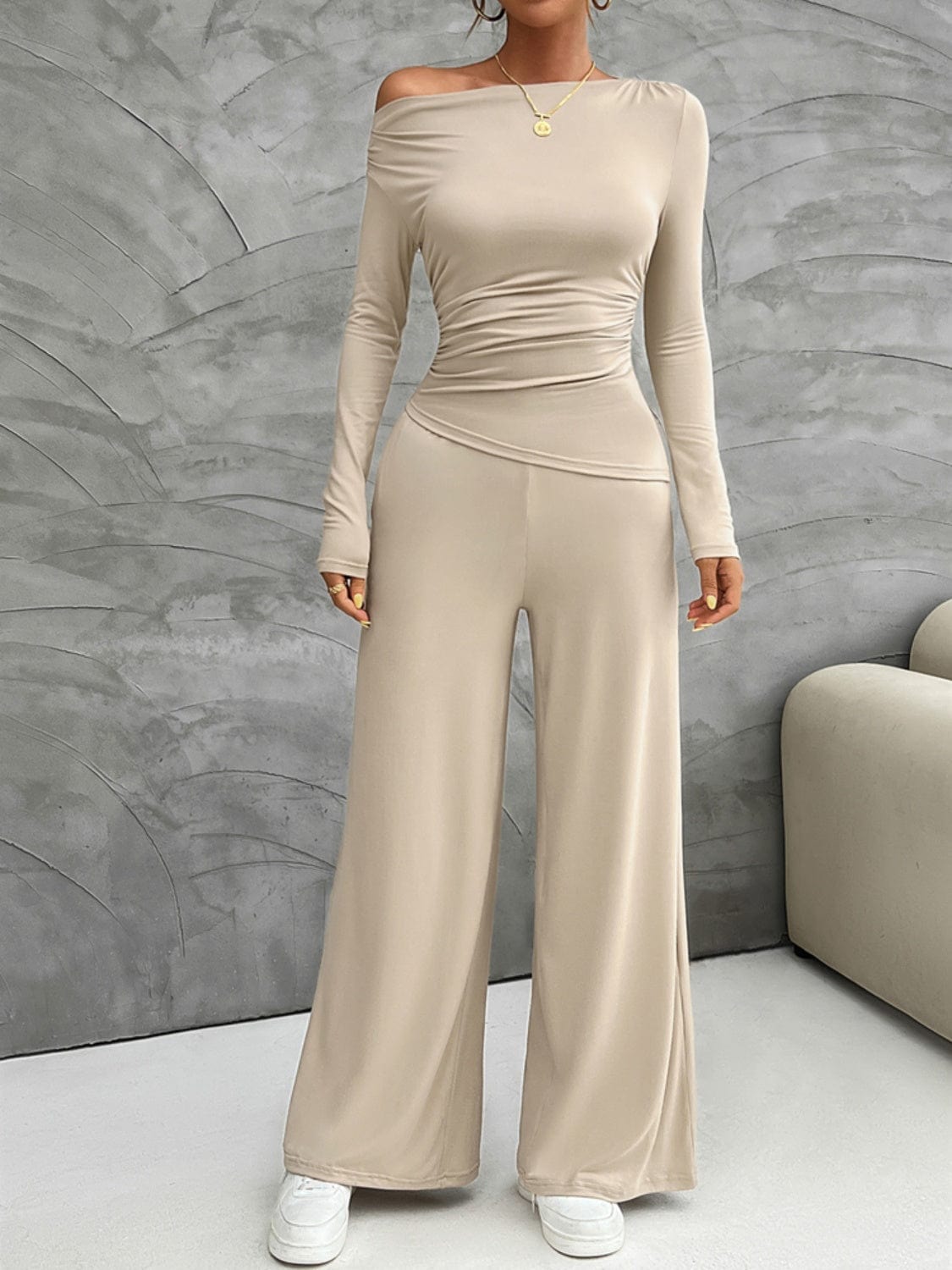 Weekend Perfect Long Sleeve Top and Wide Leg Pants Set Cream / S The Nichole Collection