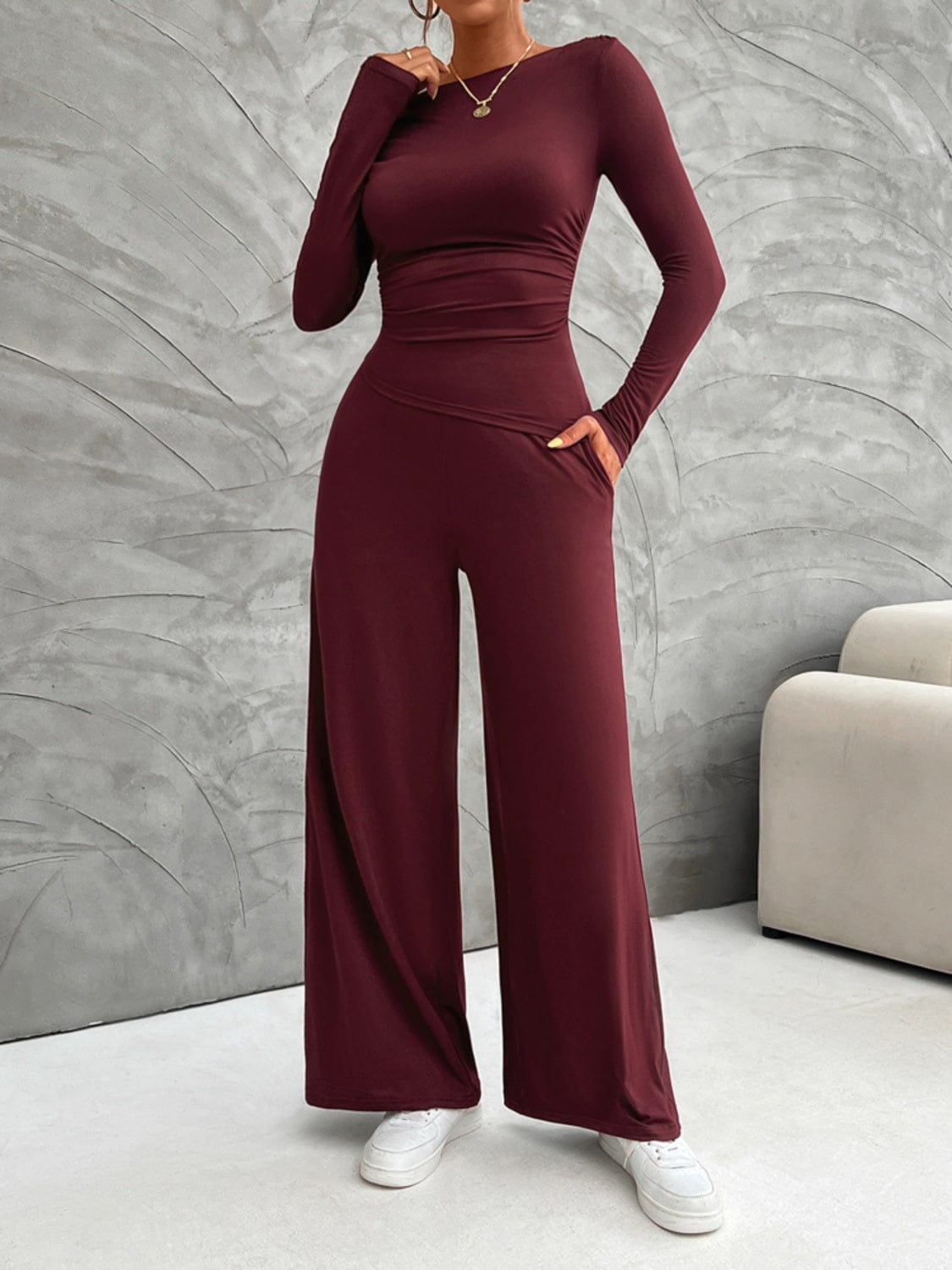 Weekend Perfect Long Sleeve Top and Wide Leg Pants Set The Nichole Collection