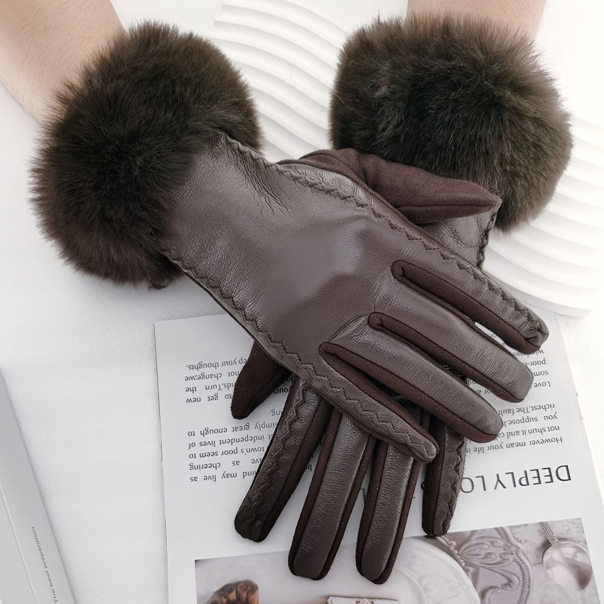 Women’s Black Touchscreen PU Leather Gloves with Faux Fur Cuffs – Warm Windproof Winter Gloves Gloves Coffee color The Nichole Collection