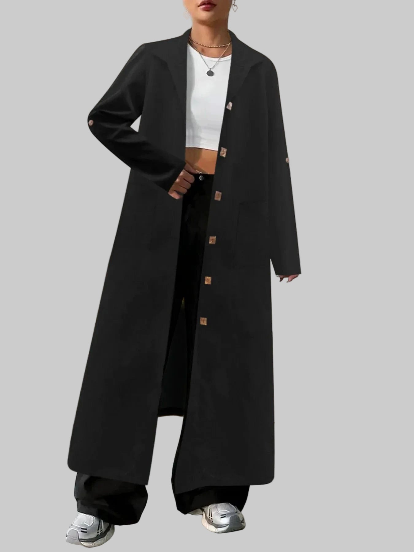 Women's Classic Lapel Collar Button-Front Longline Coat – The