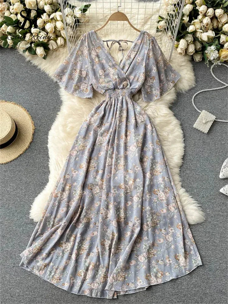 Women’s Floral Chiffon Boho Midi Dress – V-Neck A-Line Summer Dress Gray purple floral / One Size The Nichole Collection
