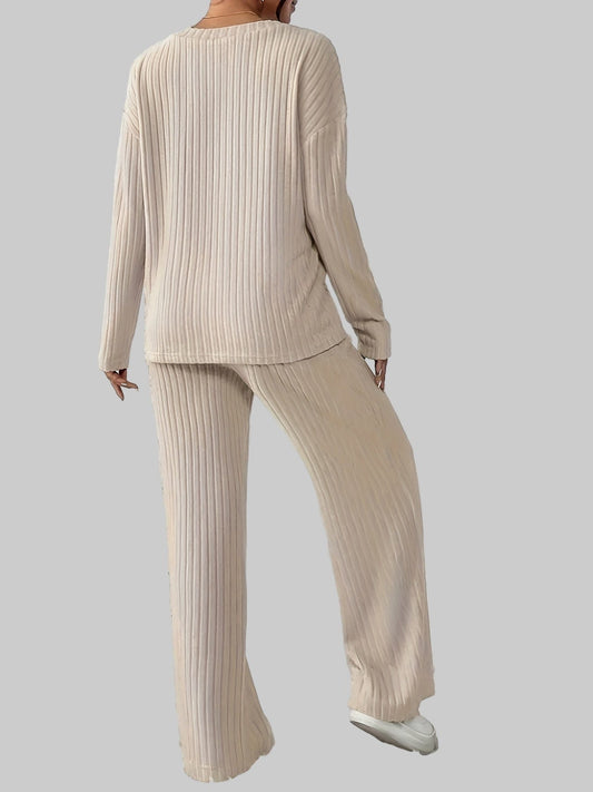 Women’s Ribbed Two-Piece Loungewear Set – V-Neck Top & Straight-Leg Pants The Nichole Collection - Official Site