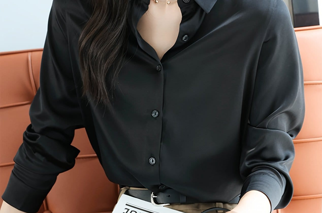 Charmeuse Satan-Feel Button-Up Blouse Black / S Blouses The Nichole Collection - Official Site