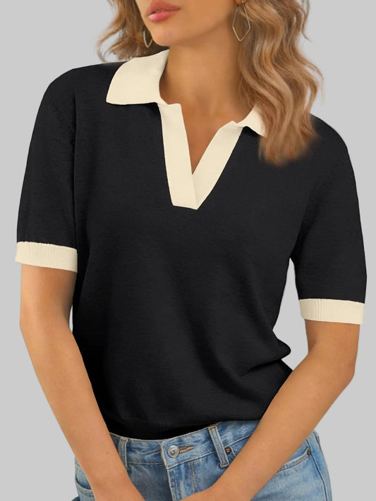 Women's V Neck Polo Lightweight Sweater X-Small / Black White The Nichole Collection