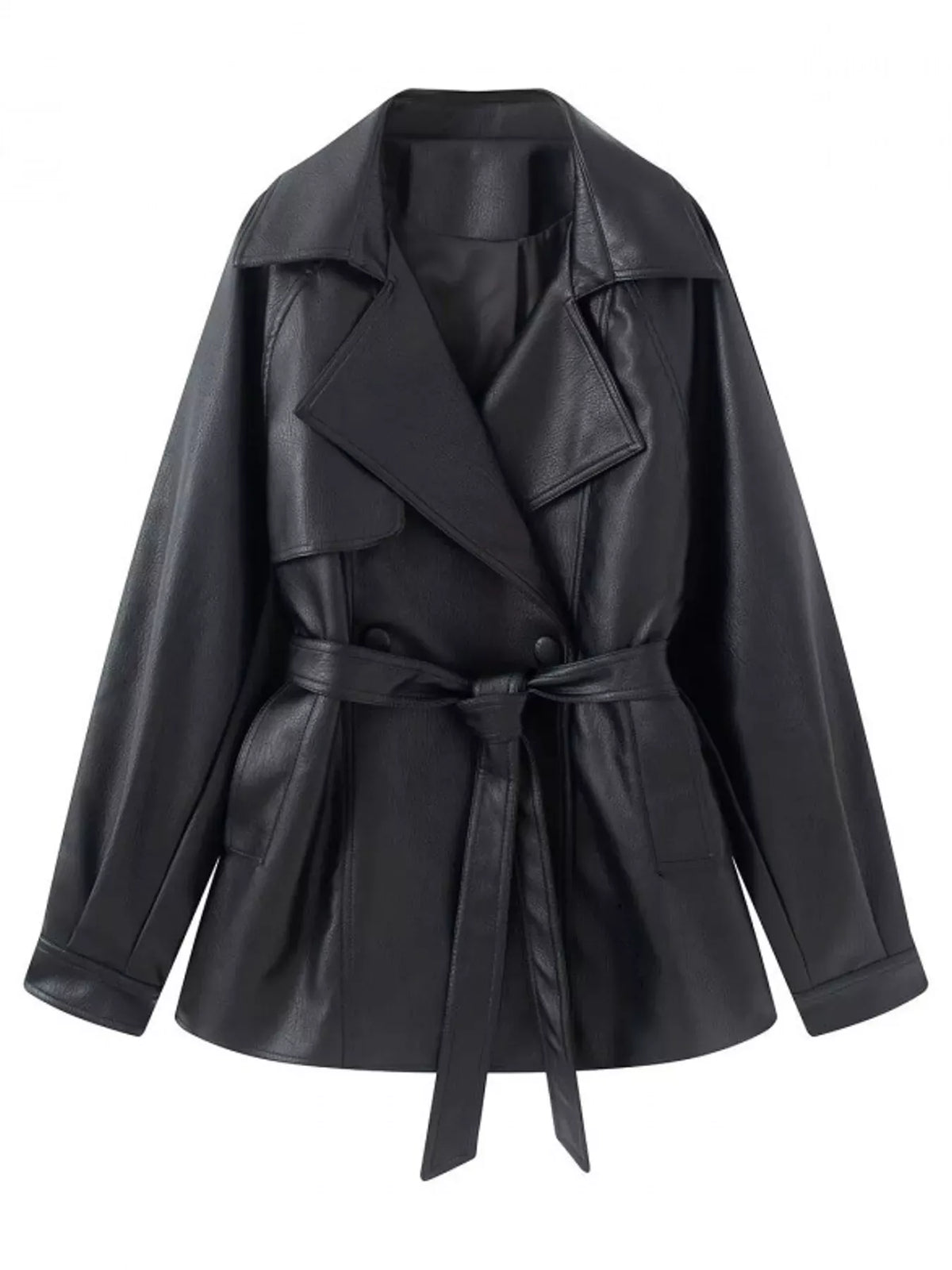 Double-Breasted Vegan Leather Belted Jacket The Nichole Collection