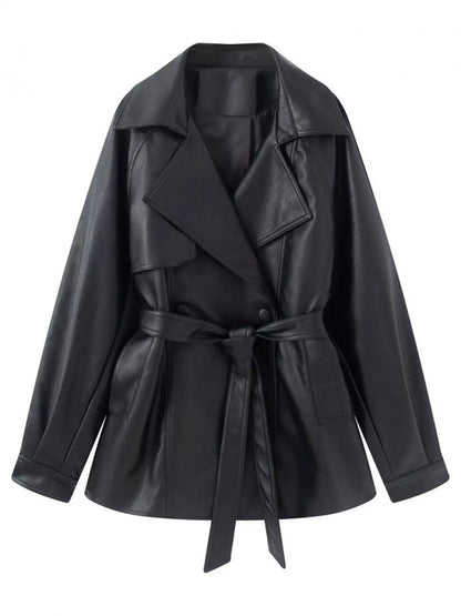 Double-Breasted Vegan Leather Belted Jacket The Nichole Collection