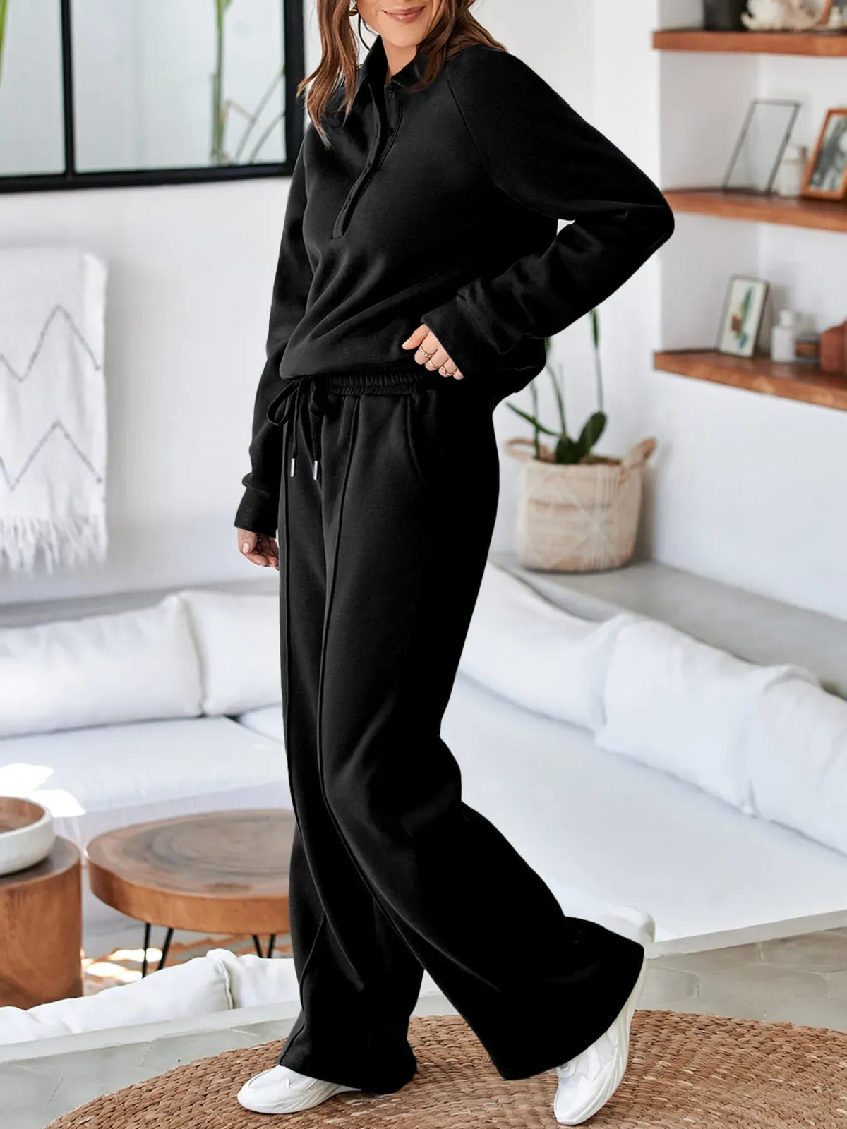 Collared Sweatshirt and High-Waisted Pants Set The Nichole Collection - Official Site