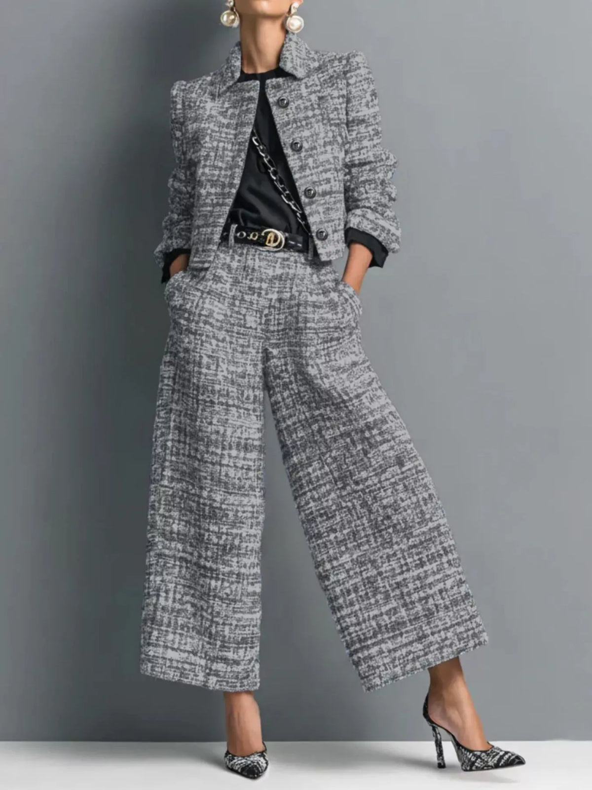 Tweed Cropped Jacket & Wide-Leg Pants Set The Nichole Collection - Official Site