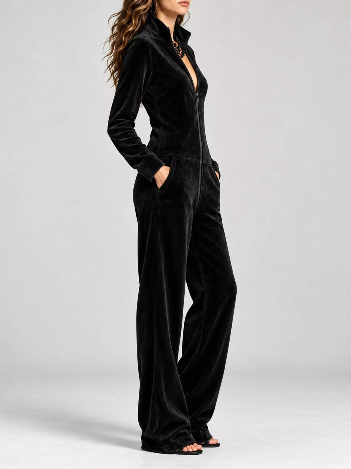 Velour Zip-Up Jumpsuit with Pockets The Nichole Collection