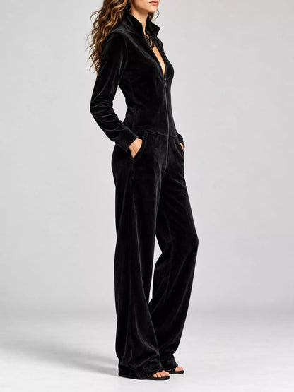 Velour Zip-Up Jumpsuit with Pockets The Nichole Collection