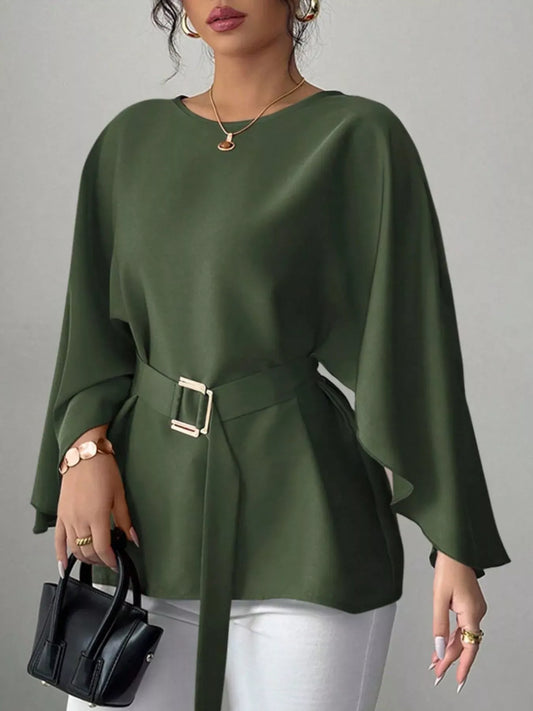 Round-Neck Belted Batwing-Sleeve Blouse | The Nichole Collection