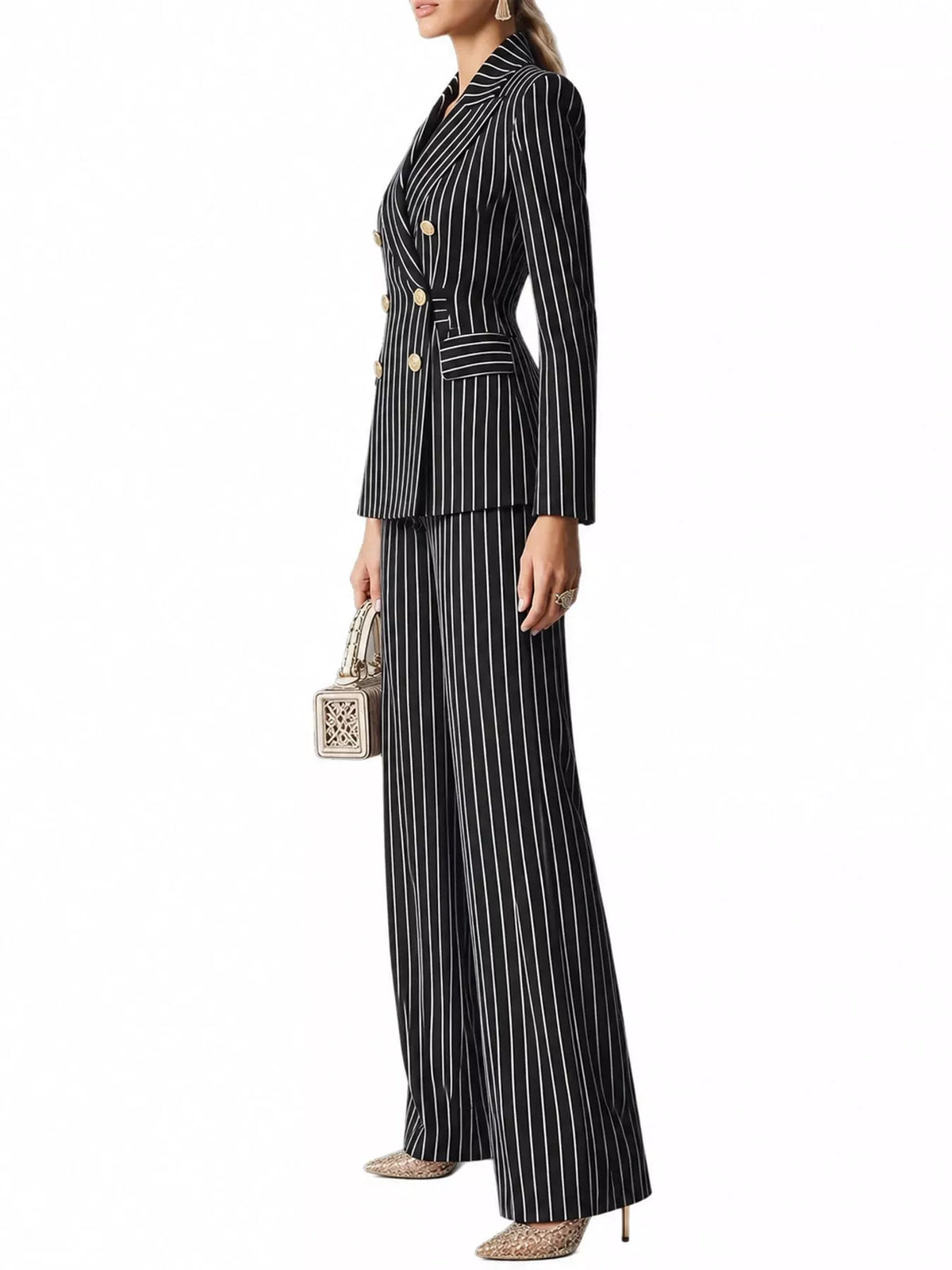 Double-Breasted Pinstripe Blazer and Wide-Leg Pants Set The Nicole Collection