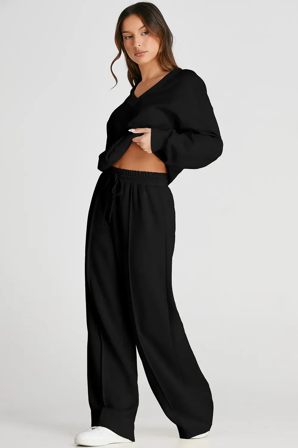 V-Neck Long-Sleeve Top and Pants Active Set - Black / S