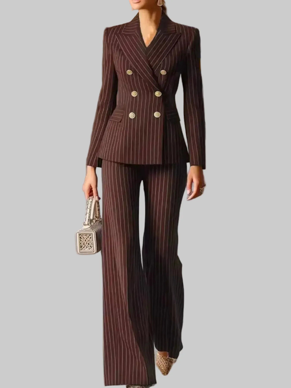 Double-Breasted Pinstripe Blazer and Wide-Leg Pants Set The Nicole Collection