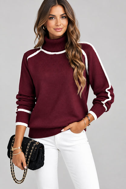 Contrast-Stitch Ribbed-Hem Turtleneck Sweater The Nichole Collection - Official Site