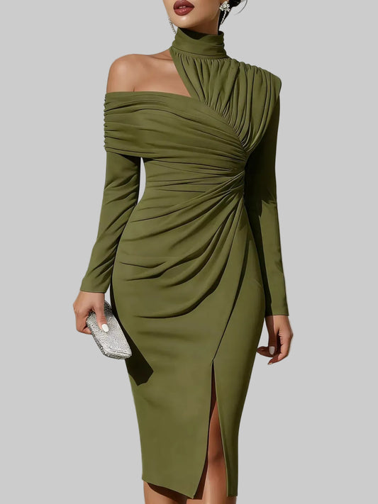 Asymmetrical Neck Ruched Slit Dress | The Nichole Collection