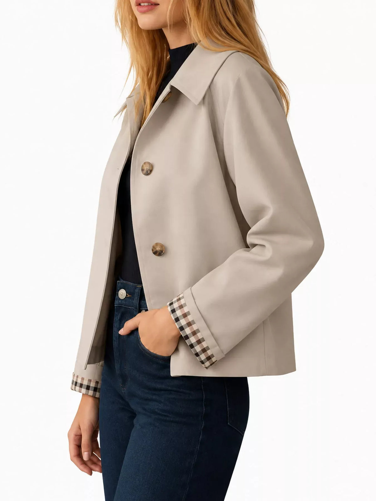 Plaid-Cuff Cropped Trench Jacket The Nichole Collection