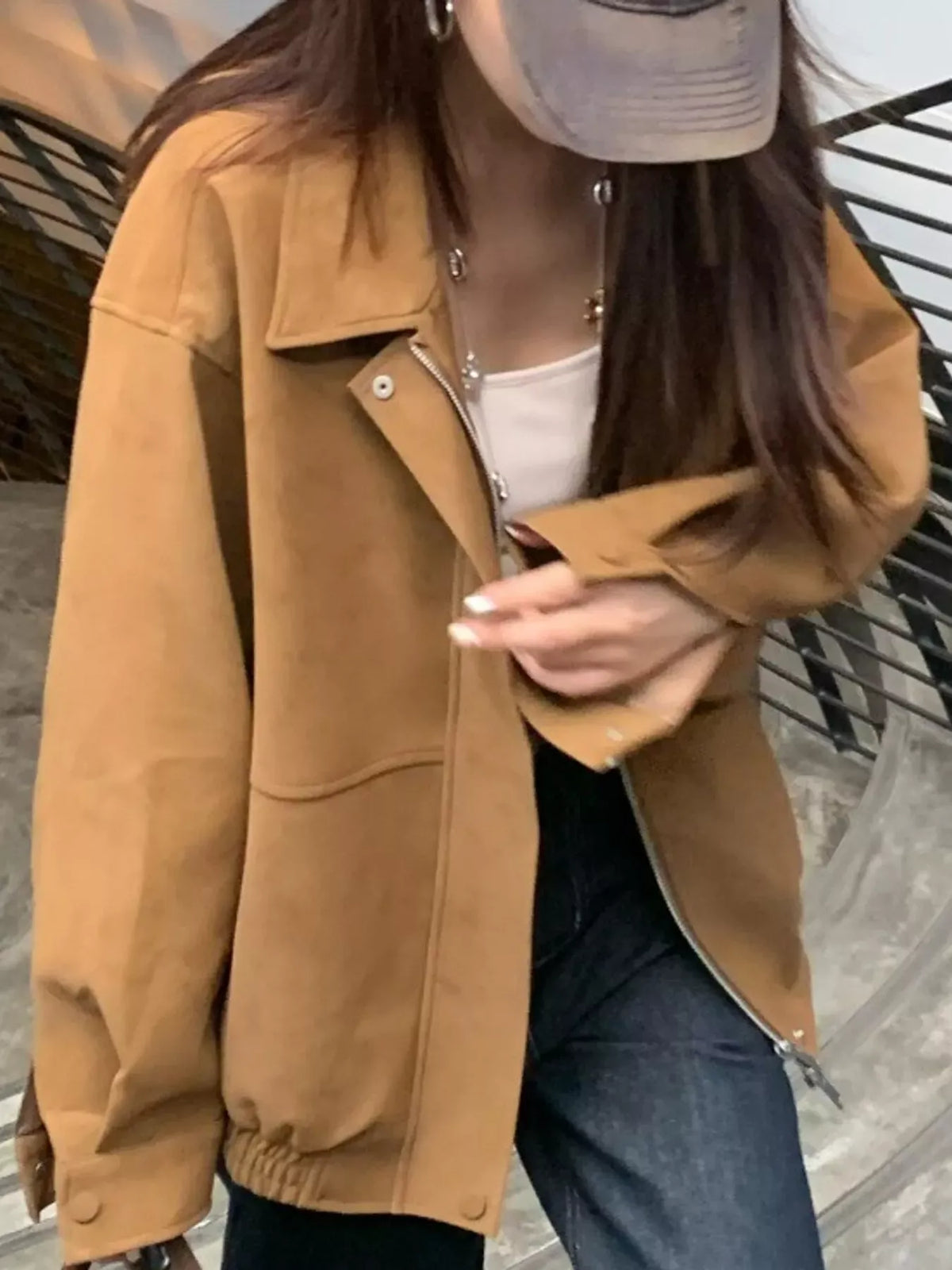 Zip-Up Elastic-Hem Sude Bomber Jacket The Nichole Collection