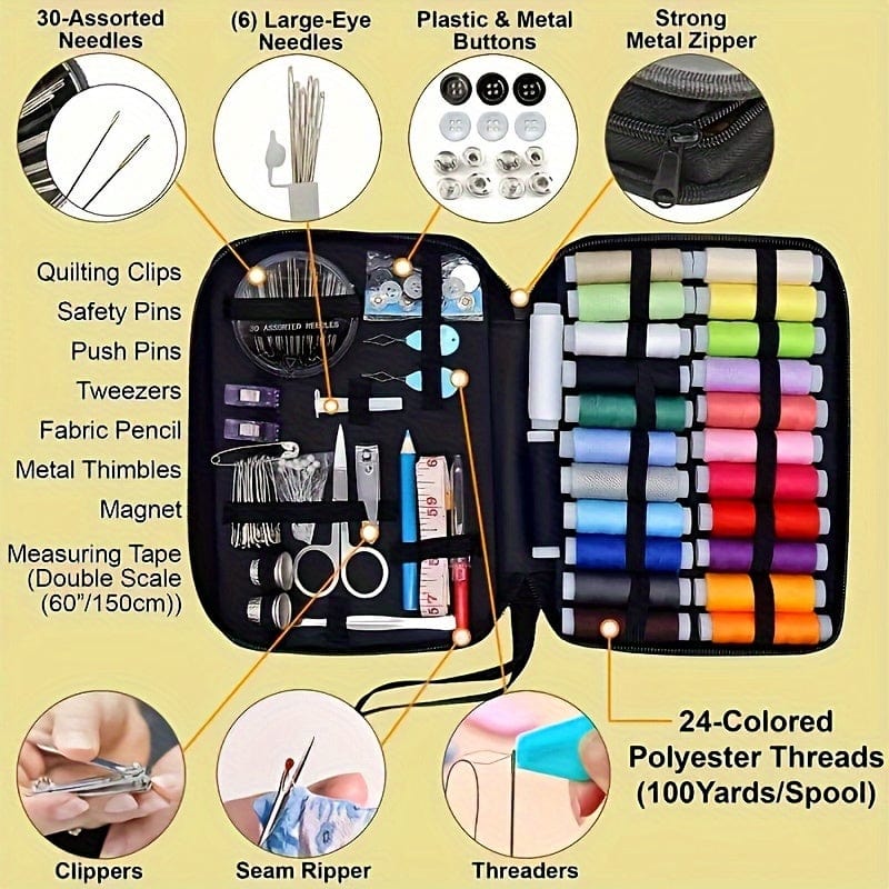 100pcs Sewing Kit with 24-Color Threads – Mini Travel Needle & Thread Kit for Small Repairs Sewing Black The Nichole Collection