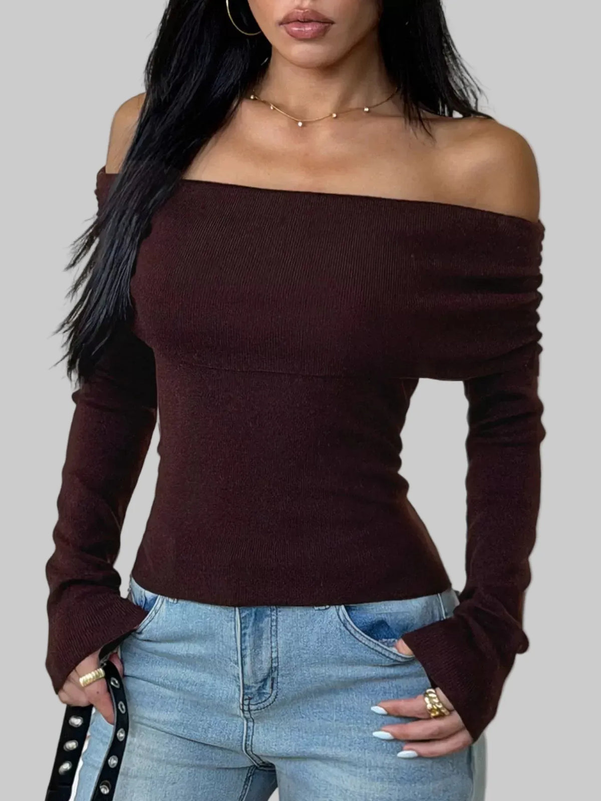 Off-Shoulder Slim-Fit Ribbed Knit Top The Nichole Collection