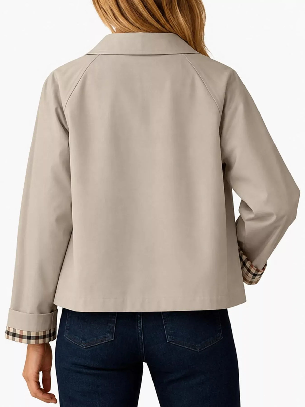 Plaid-Cuff Cropped Trench Jacket The Nichole Collection