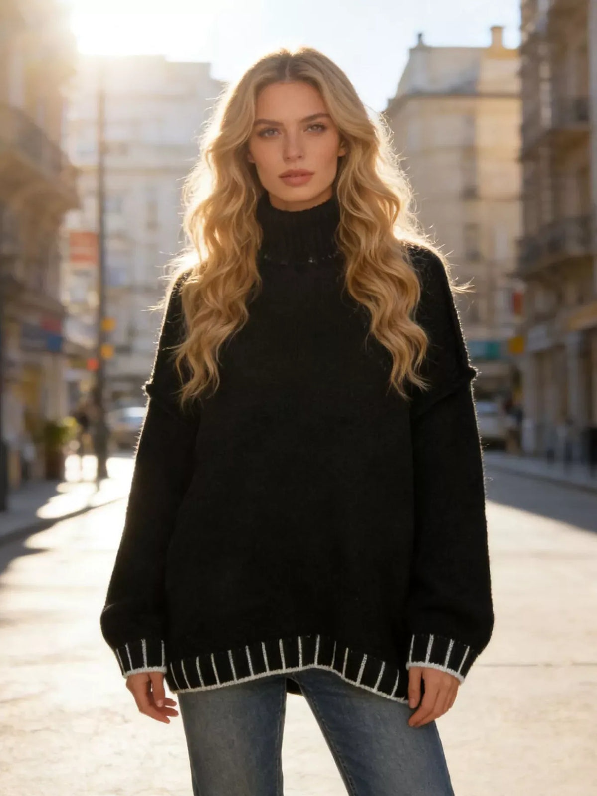 Contrast-Trim Dropped-Shoulder Turtleneck Sweater The Nichole Collection - Official Site