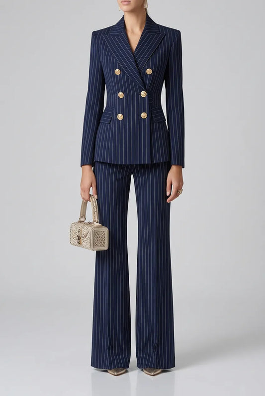 Double-Breasted Pinstripe Blazer and Wide-Leg Pants Set The Nicole Collection