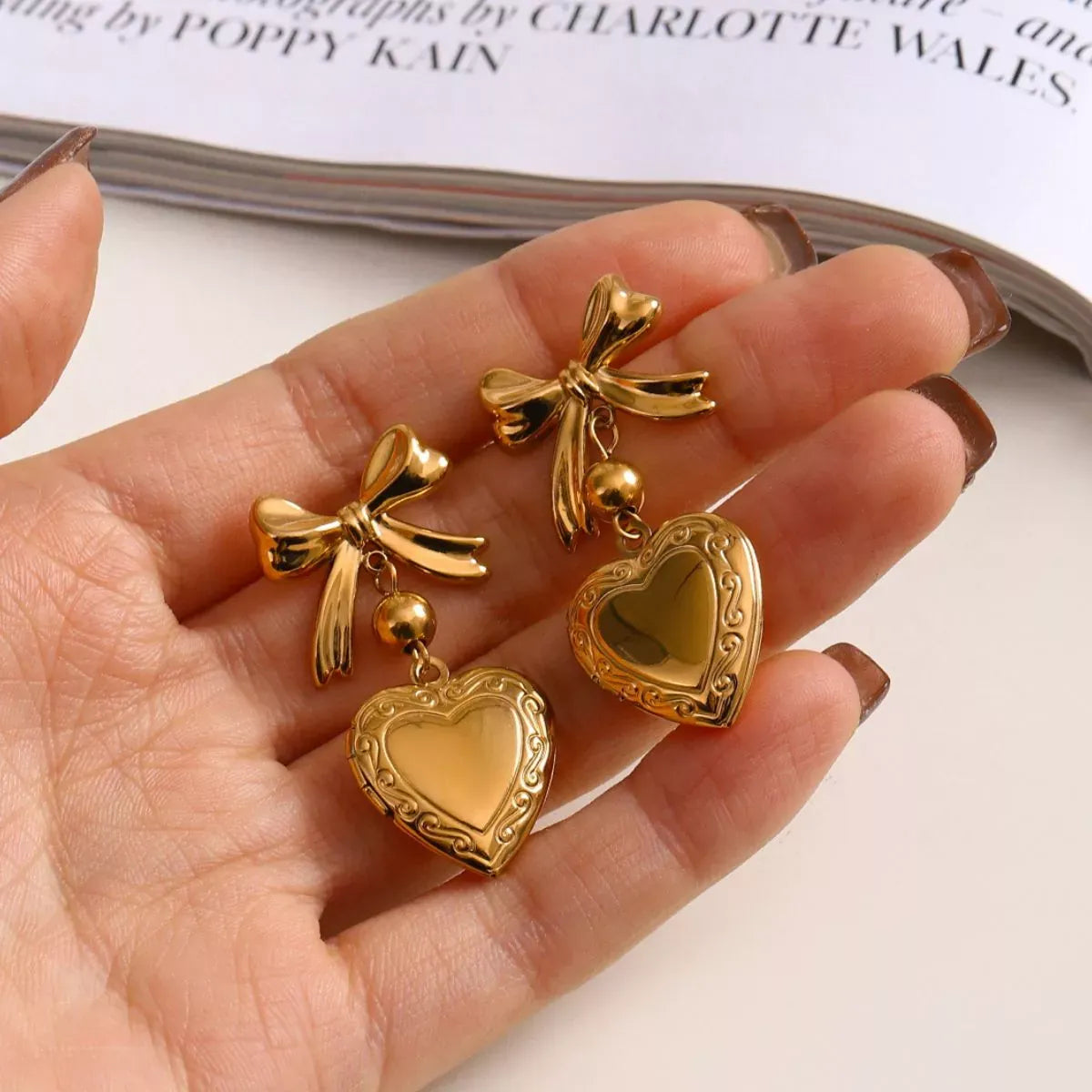 18K Gold-Plated Bow Heart Drop Earrings Gold / One Size The Nichole Collection