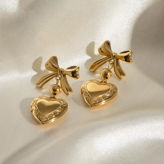 18K Gold-Plated Bow Heart Drop Earrings Gold / One Size The Nichole Collection