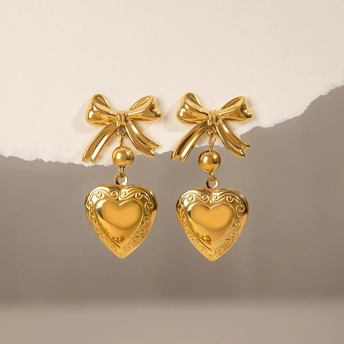 18K Gold-Plated Bow Heart Drop Earrings Gold / One Size The Nichole Collection